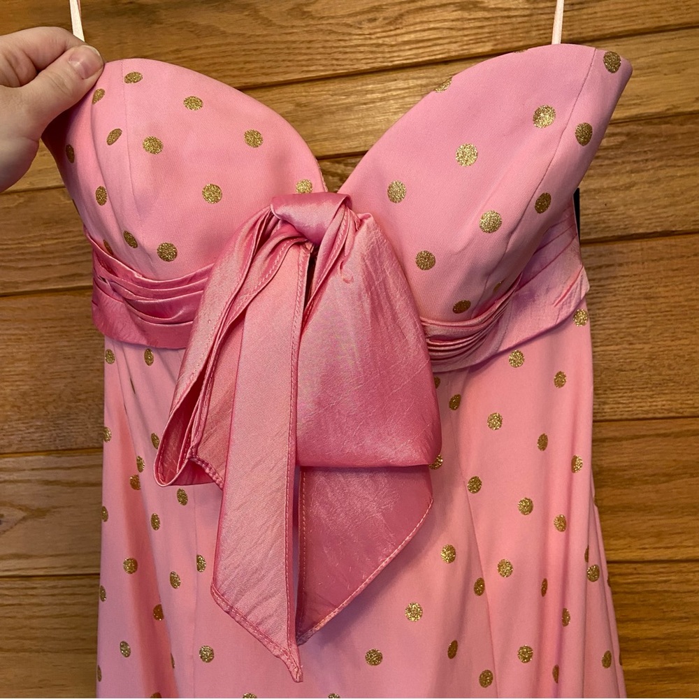 Jovani NWT Y2K pink gold polka dot strapless train gown prom dress - Picture 3 of 8